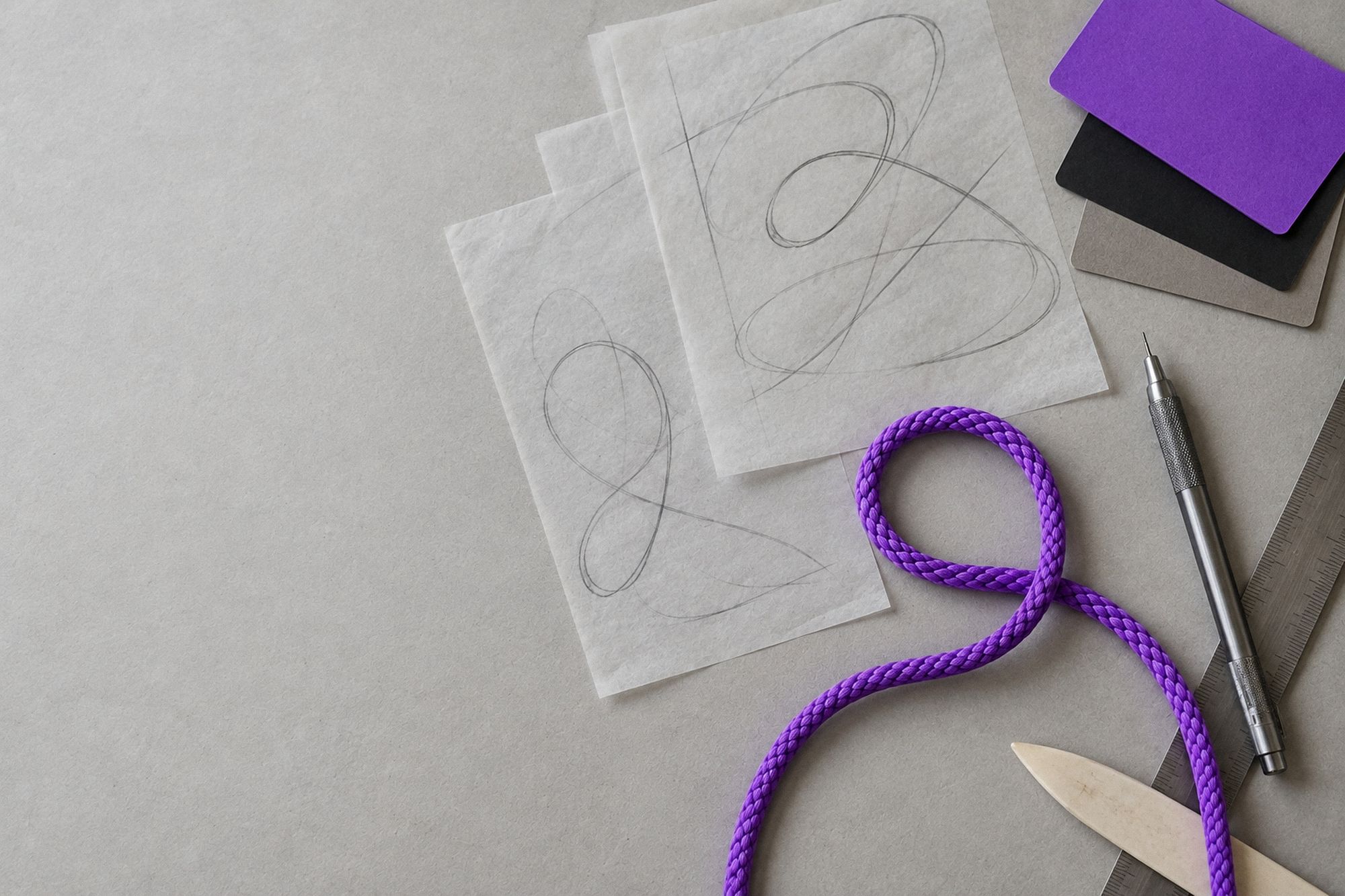 Tracing-paper sketches of looping lines beside violet, black and gray swatch cards, a pencil and a violet cord