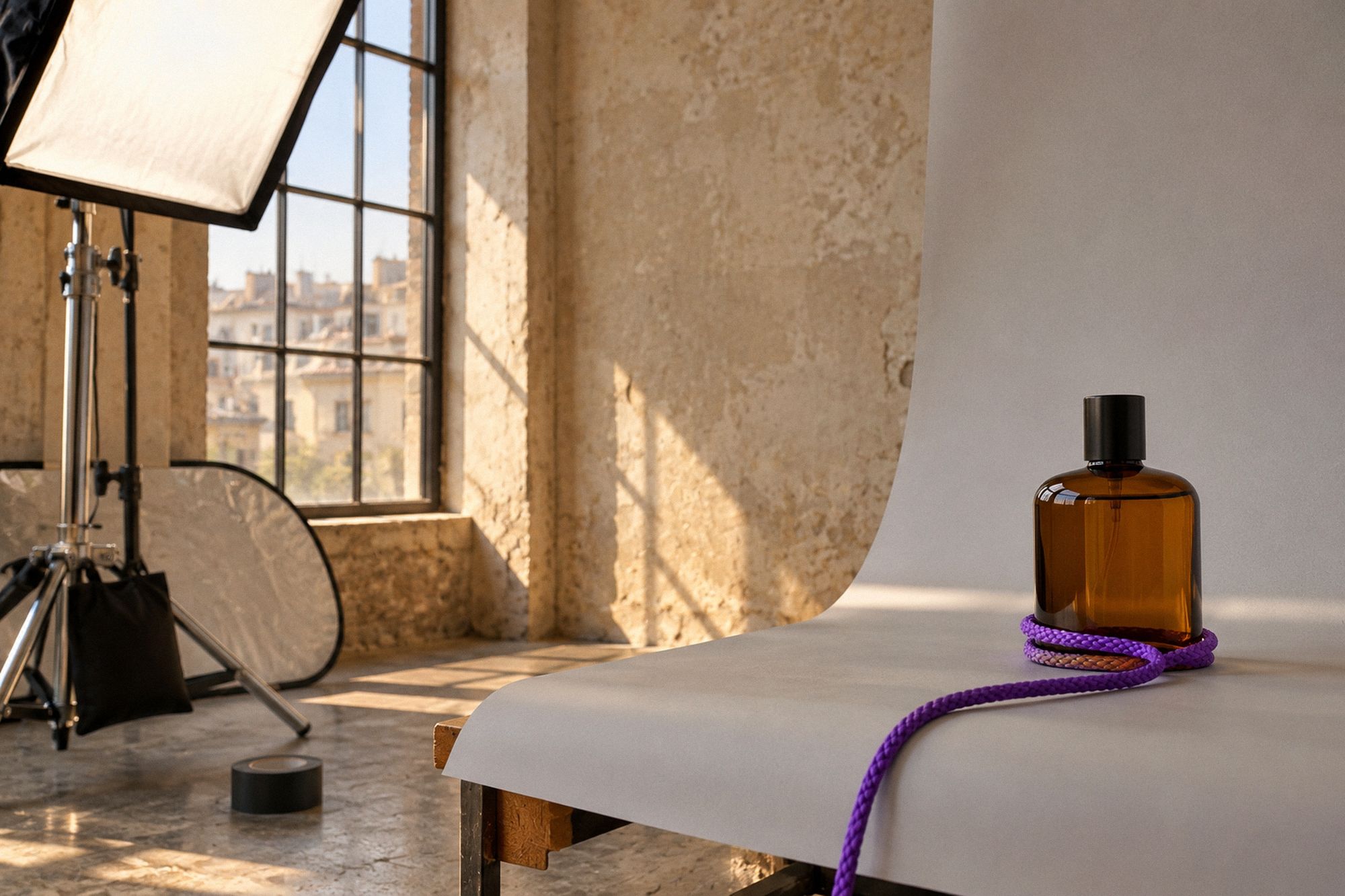 A product shoot in a sunlit studio: an amber glass bottle on gray seamless paper, a violet cord around its base, a softbox and a steel window onto Beirut rooftops