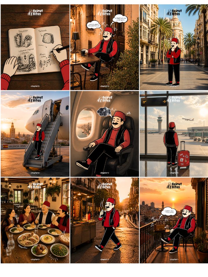 Beirut Bites Instagram grid: an illustrated street-food character around Beirut