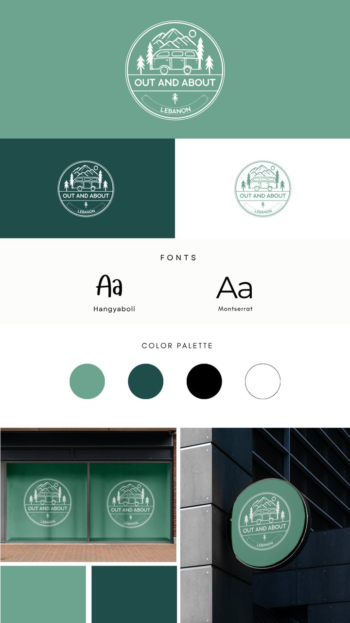 Out and About brand identity: a sage-green badge logo with a camper van and mountains, its fonts, palette and shopfront mock-ups