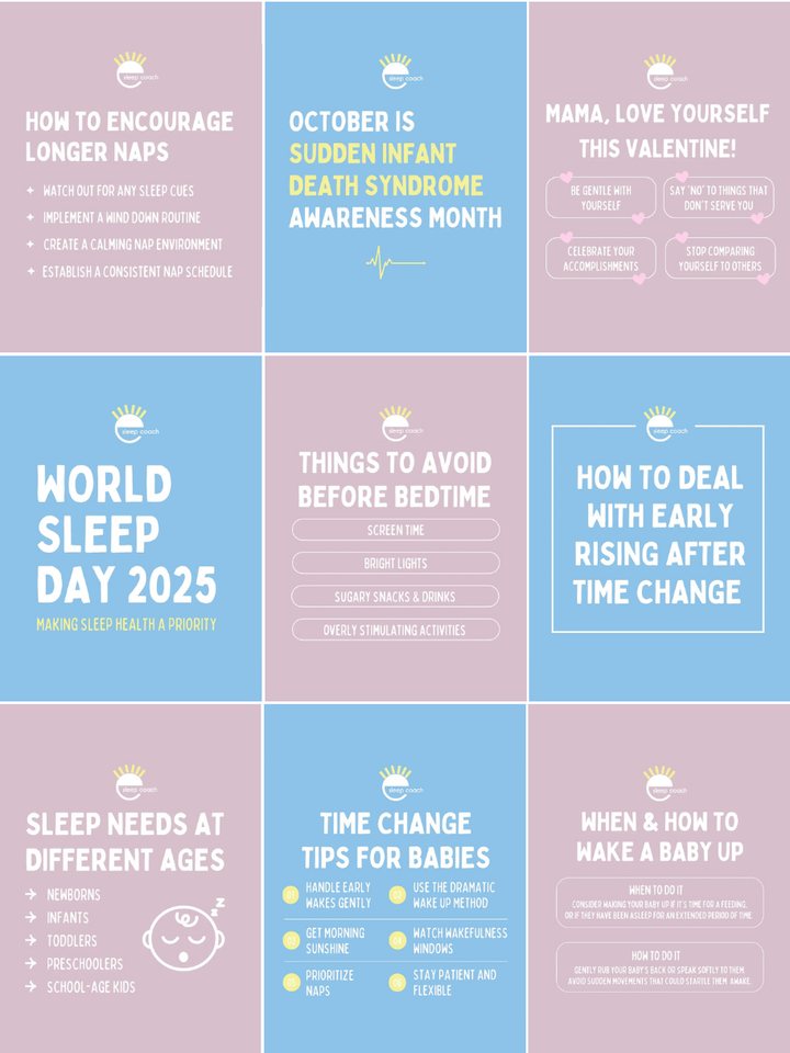 Slumberry Sleep Instagram grid of pink and blue sleep-tip posts