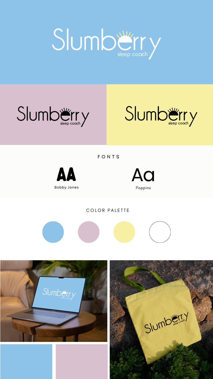 Slumberry Sleep Coach brand identity in pale blue, pink and yellow, with laptop and tote mock-ups