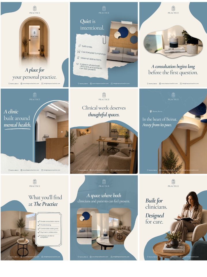The Practice clinic Instagram grid in soft blue and sand tones