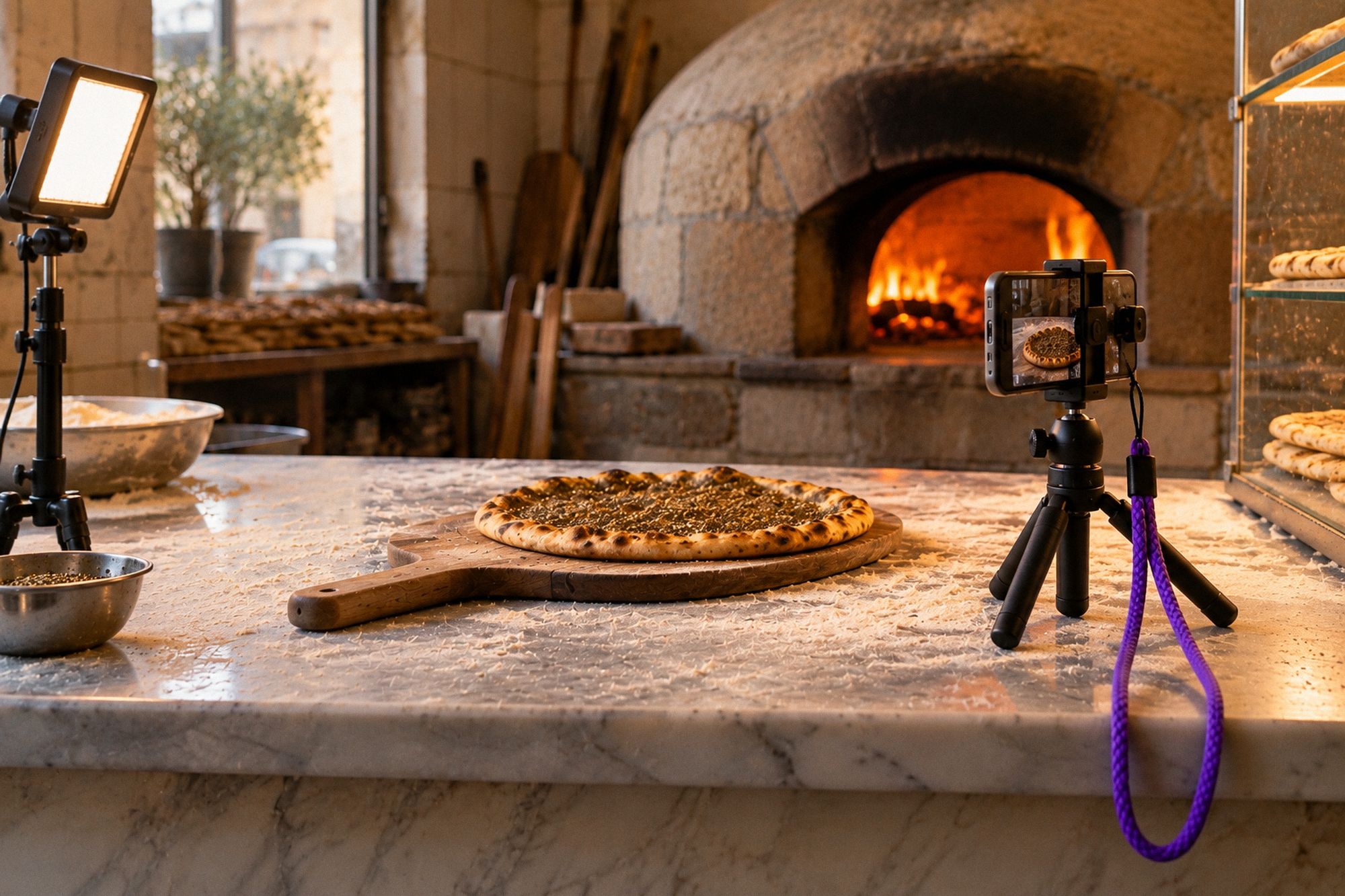 A phone on a small tripod films a za'atar manousheh on a marble bakery counter, the domed oven glowing behind