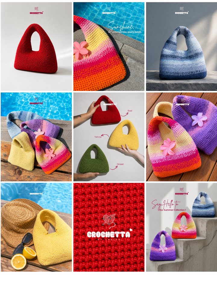 Crochetta Instagram grid of colourful crochet bags