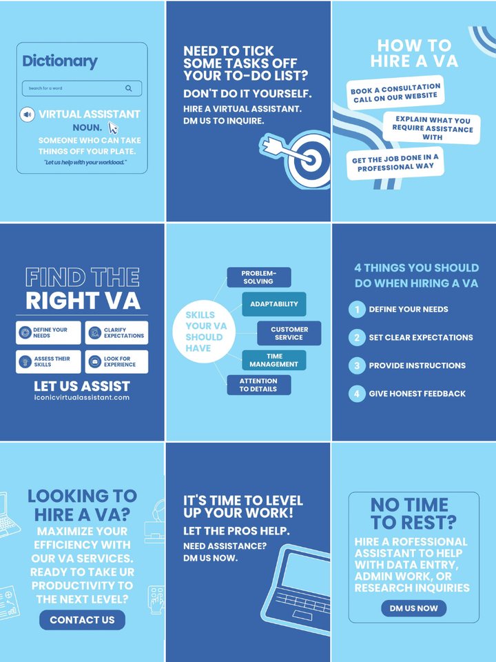Iconic Virtual Assistant Instagram grid in blue and white