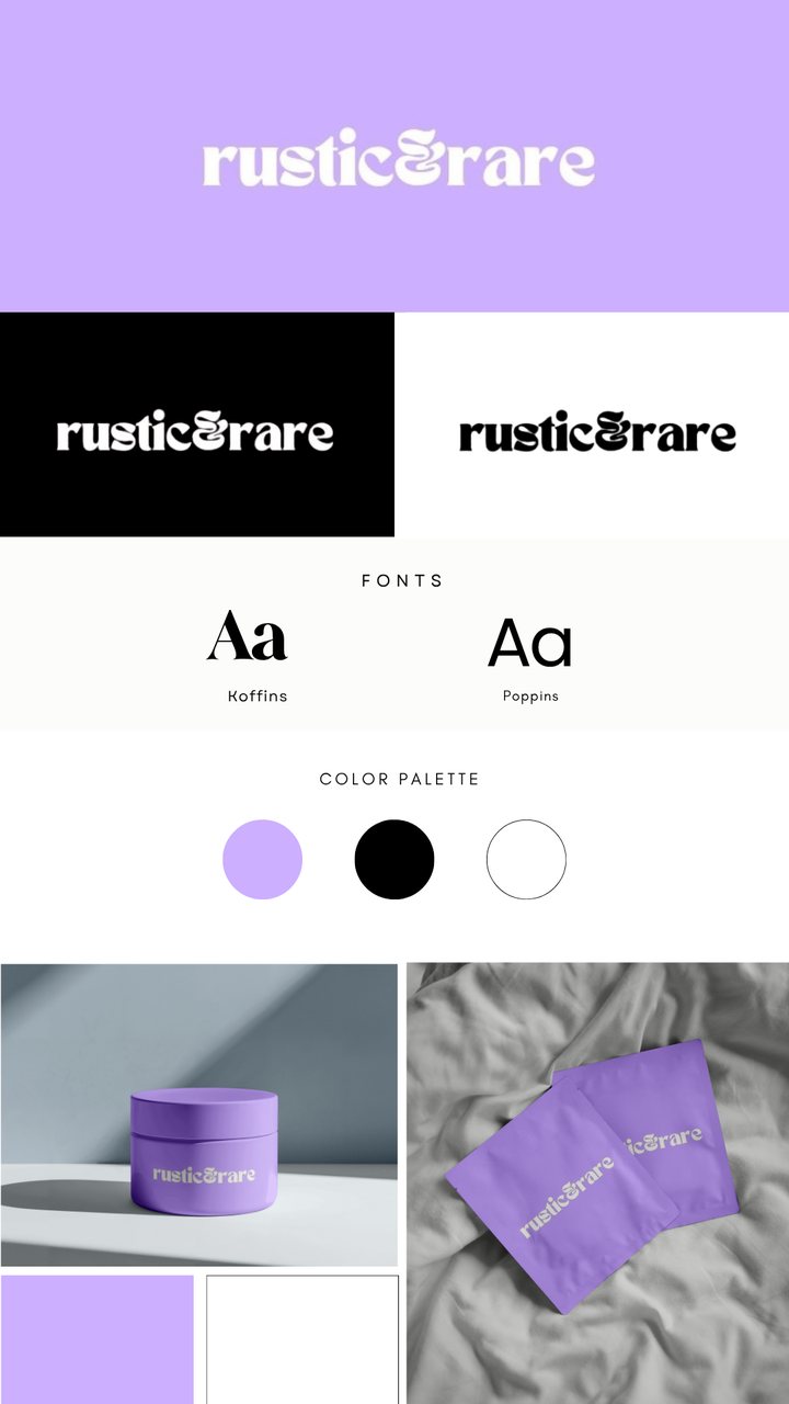 Rustic and Rare brand identity: a lilac and black wordmark with an ampersand ligature, on a jar and fabric