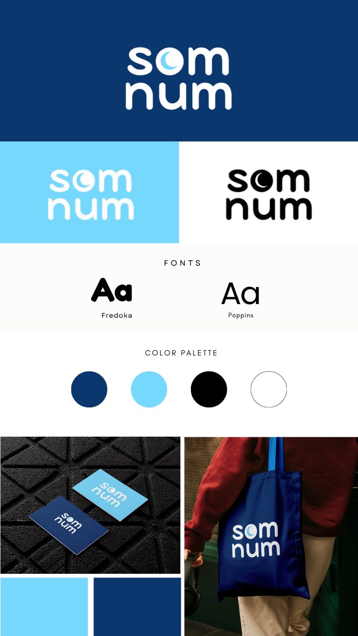 Som Num brand identity: a rounded wordmark in navy and sky blue, with business cards and a tote bag