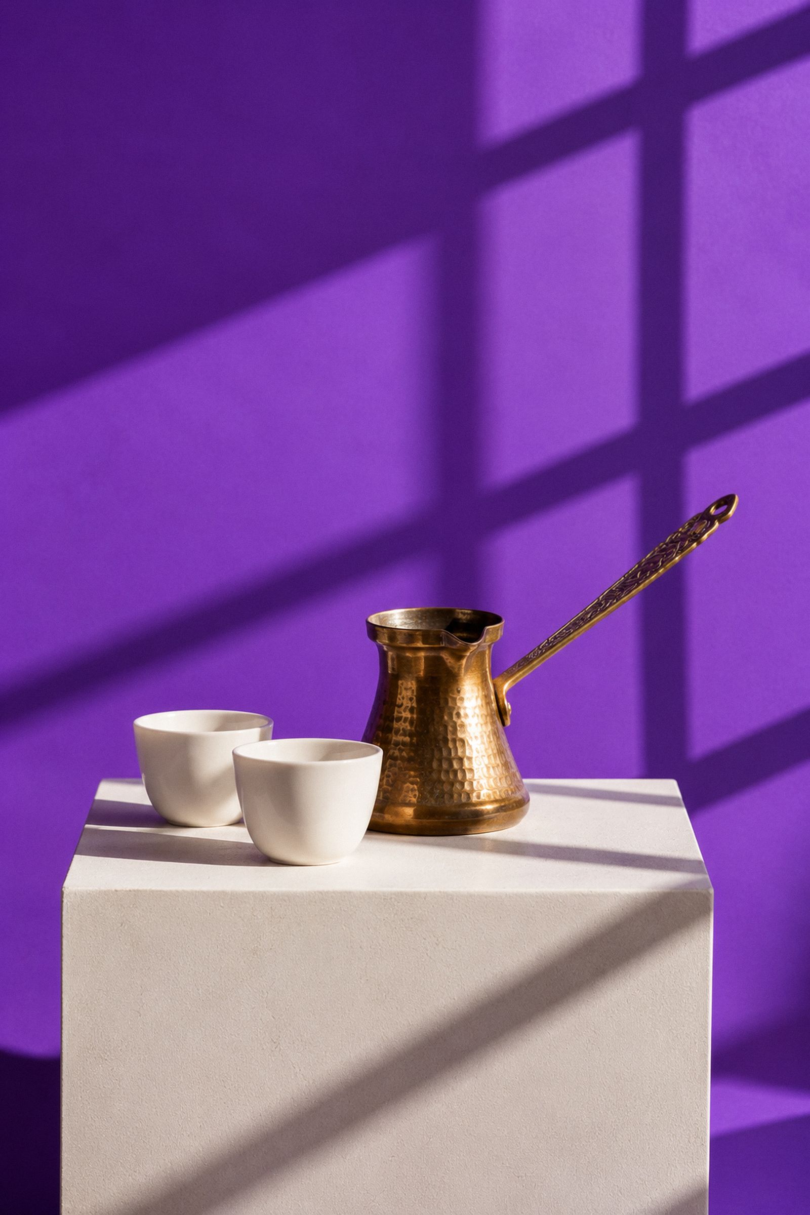A brass rakweh and two white cups on a plinth, violet backdrop, window shadow