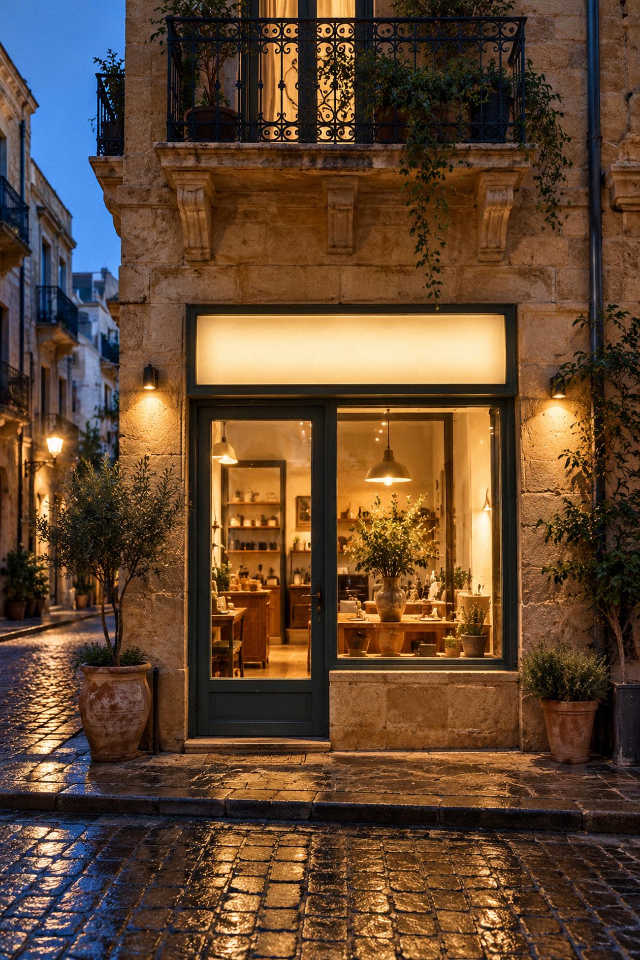 A small Beirut shopfront at blue hour, its blank sign lit above a glass door